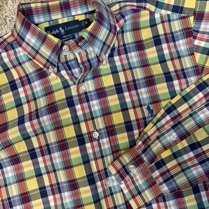 Mens Ralph Lauren Size Medium Collared‎ Dress Shirt Plaid Colorful Polo Logo